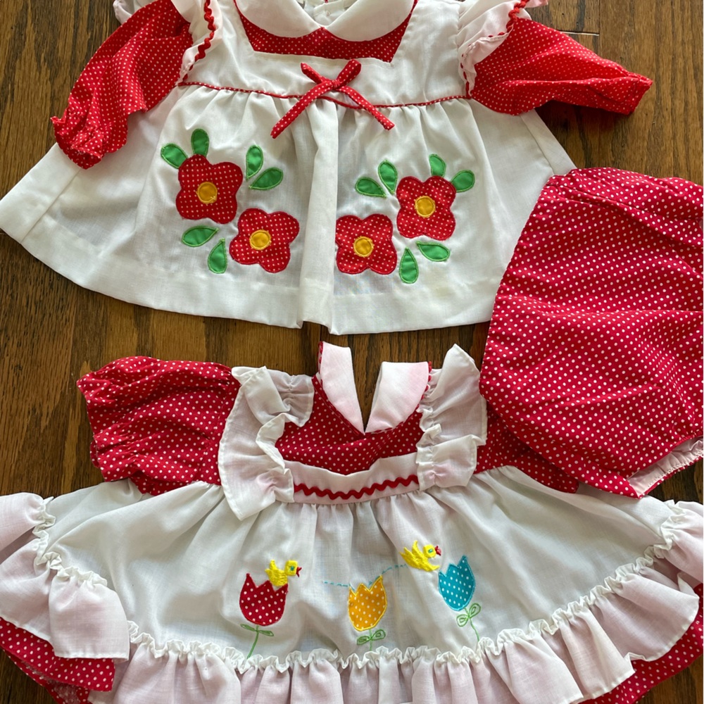 Vintage 70’s Celanese Fortrel Infant Dress Lot: Flowers, Tulips, Birds